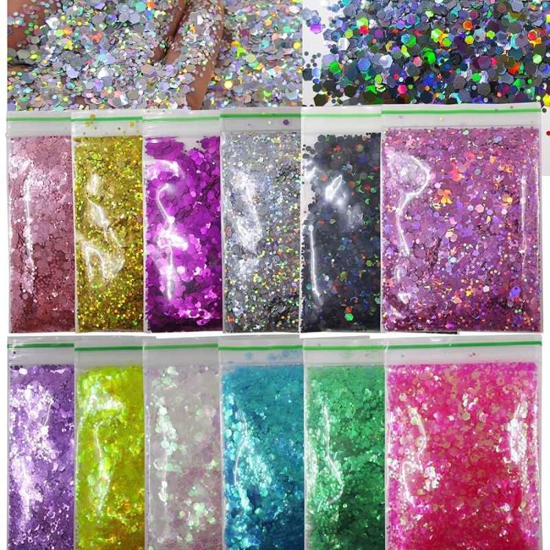 holographic nail glitter, chunky nail glitter, hexagon nail glitter, shiny nail sequin, mixed glitter for nails, glitter for resin art, holographic nail supplies, 10g nail glitter bag