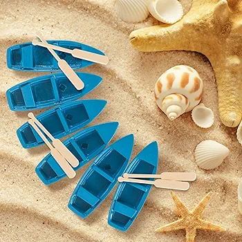 Miniature Blue Wood Boat with Oars Canoe Model Figurines ( boat+2 paddles)